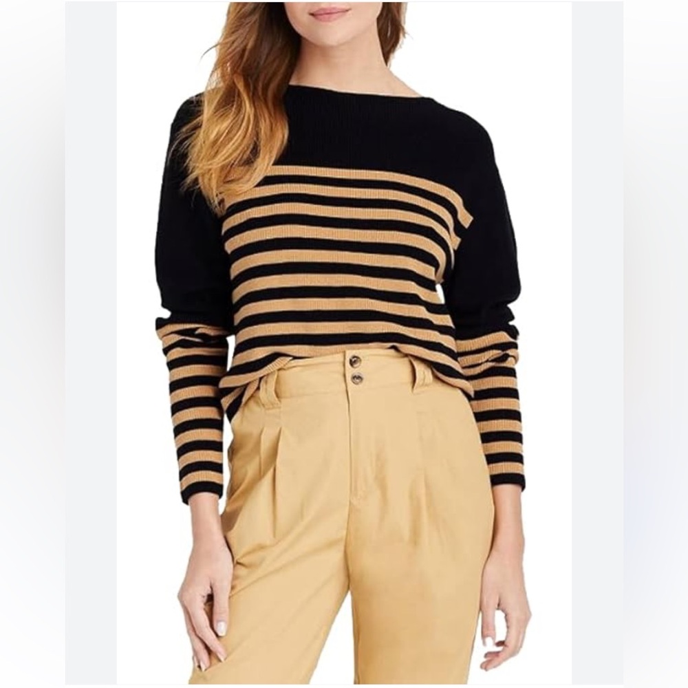 WHO WHAT WEAR | Cotton Knit Black & Tan Striped Sweater L
